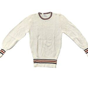 Vintage Cream Textured LS Knit Sweater Stripe Trim, Collar, Sleeves & Waist Band